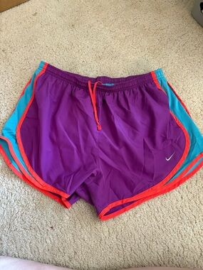 Nike Women's Purple Athletic Shorts with Teal Panels and Coral Trim